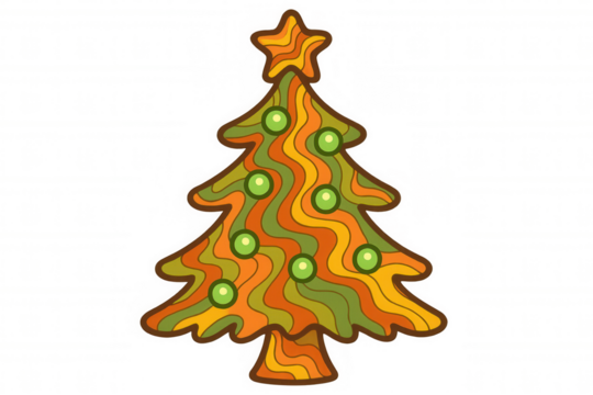 Retro christmas tree with wavy psychedelic pattern and star, celebrating vintage festive holiday design