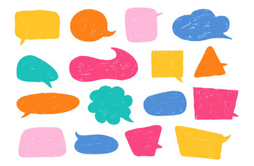 Playful crayon speech dialog text frames. Hand sketched Chalkboard box bubbles. Abstract chat Stickers and pencil clouds. Vector illustration