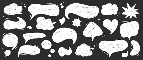 Playful crayon speech dialog text frames. Hand sketched Chalkboard box bubbles. Abstract chat Stickers and pencil clouds. Vector illustration