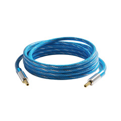 A coiled blue audio cable with gold plated connectors showcasing its flexible tubing and internal wiring isolated on transparent background