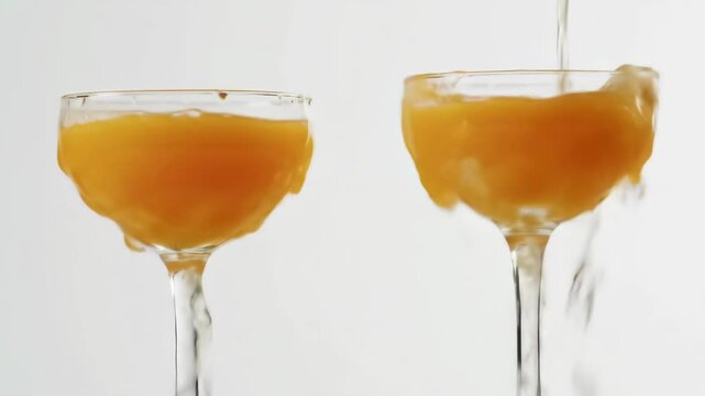 Orange juice pouring glasses, studio, white background, beverage ad