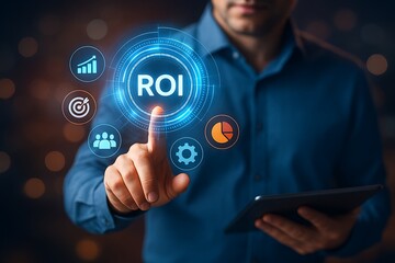 Man touching digital interface with business icons finance technology