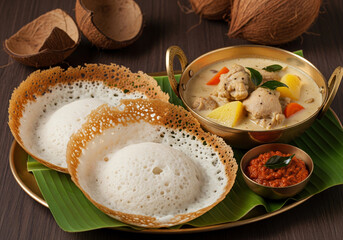 A traditional South Indian breakfast of two bowl-shaped appams with a creamy coconut milk stew and spicy red chutney.