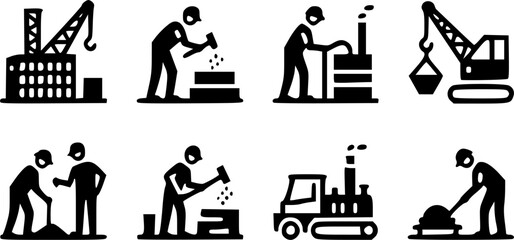 Fototapeta premium Industrial flat icon set in black and white style | factory, tools, machinery, engineering symbols.