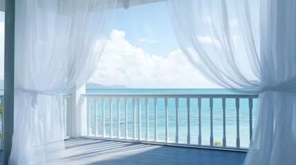 Ocean View from a Balcony with Sheer Curtains
