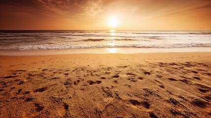 footprints. A serene beach sunset with footprints in the sand, evoking tranquility and golden warmth. inspiring travel planning, travel magazines, designed for travel destination branding.