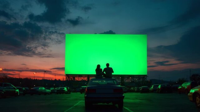 Couple in love watching movie at open air cinema with green screen backdrop