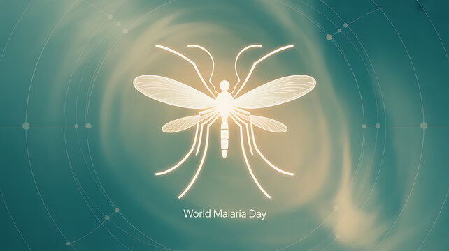 World Malaria Day illustration featuring a glowing mosquito against a swirling teal background