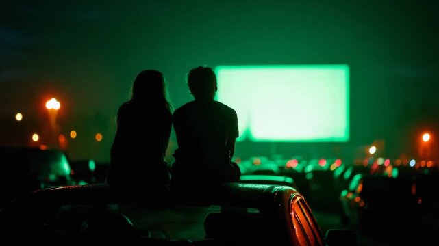 Couple enjoying a romantic evening at an open air cinema with a green screen backdrop