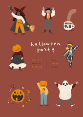 Happy Halloween card party invitation. Autumn holiday event poster template. Cute hand drawn illustrations in retro cute and creepy style. Vector fun poster design