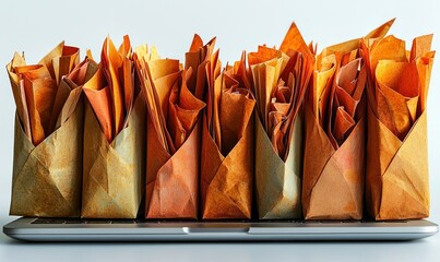Crumpled paper bags on a laptop