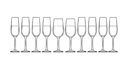 A row of ten empty champagne flutes in a clean silhouette style