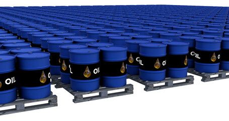 Blue petroleum steel oil drums on pallets