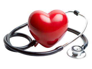 Red heart shape exercise ball with doctor physician's stethoscope on white background ,PNG. AI Generated