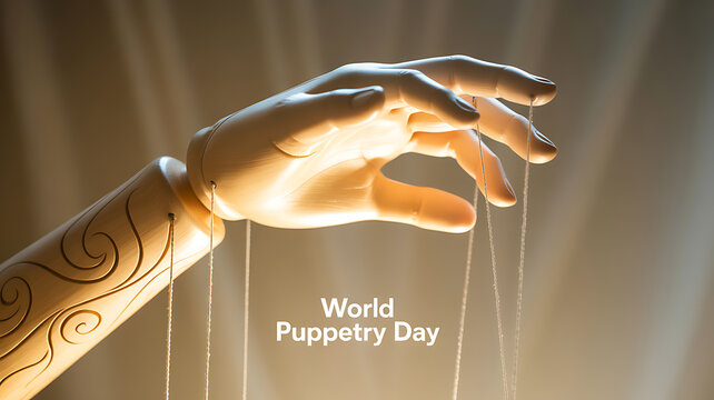 A close-up of a puppet's hand with strings attached, illuminated by soft light, celebrating World Puppetry Day.
