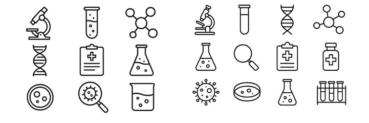 Collection of scientific icons representing various fields of research and laboratory work in a clean, modern design with clear lines