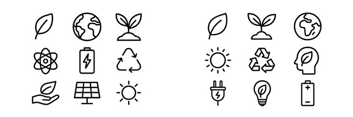 Icons representing environmental themes, sustainability, and renewable energy sources arranged in a clean, organized manner © AVRIX