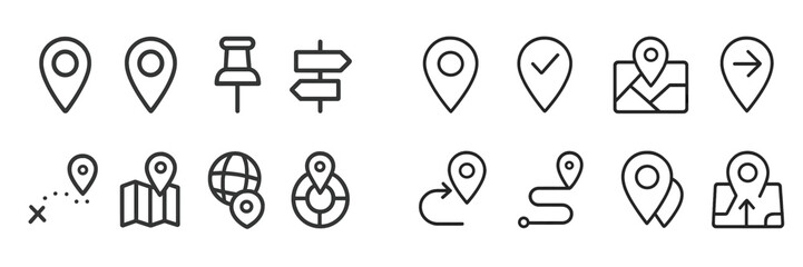 Collection of navigation and location icons used for mapping and travel, suitable for various digital applications