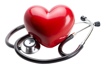 Red heart shape exercise ball with doctor physician's stethoscope on white background ,PNG. AI Generated