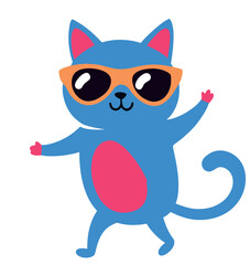 a cute cate wearing sunglass and danching cartoon on white back round