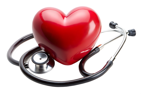 Red heart shape exercise ball with doctor physician's stethoscope on white background ,PNG. AI Generated