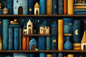 Fabric texture seamless pattern background Tiny Bookstore Magic Mini bookshelves with floating books and enchanted reading nooks