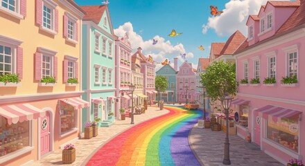 Fototapeta premium Colorful Street Scene with Rainbow Road and Butterflies