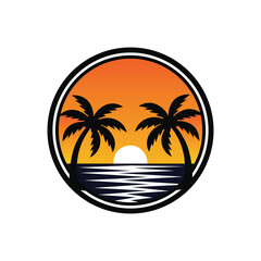 Tropical Sunset Beach Palm Trees Logo Design