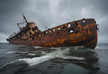 abandoned shipwreck floats on the ocean surface, weathered by time, surrounded by waves and sunlight.
