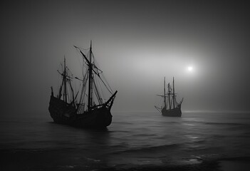 abandoned shipwreck drifts on the ocean surface at night, illuminated by moonlight and stars above.
