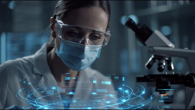 Scientific Revelation: A scientist in a sterile laboratory peers intently through a microscope, surrounded by an ethereal display of glowing data visualizations.