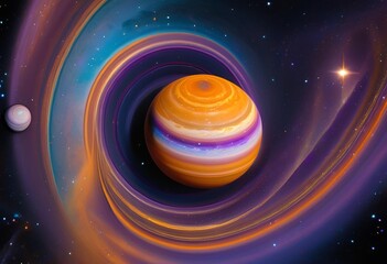 vibrant, imaginary planet floats peacefully in silent space, its colors glowing ethereally among distant stars.
