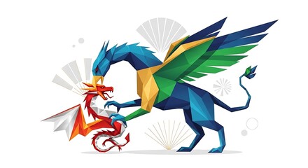 다채로운 색감의 기하학적 용과 그리핀 조형물