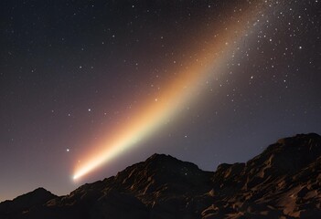 shooting star with a long glowing tail crosses the tranquil night sky, illuminating silent darkness.
