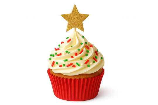 Christmas cupcake with vanilla frosting, red wrapper, green and red sprinkles, topping with a golden star