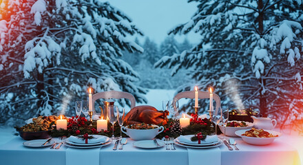 Festive winter feast: table setting with turkey and candles in snowy forest