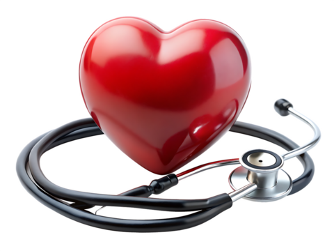 Red heart shape exercise ball with doctor physician's stethoscope on white background ,PNG. AI Generated