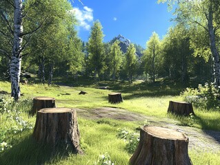 Wide shot of the grassy area in front of trees with tree stumps scattered around, a forest clearing on a bright day.