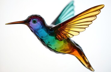 Colorful glass hummingbird sculpture. Intricate details capture vibrant beauty. Iridescent wings shimmer, decorative showpiece. Fine craftsmanship, home decor. Unique artisan creation, artistic