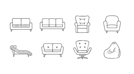 Collection of various furniture silhouettes including sofas armchairs and a beanbag chair silhouette