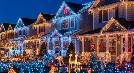 Row of houses decorated with christmas lights at night