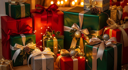 Pile of red, green, and silver wrapped gifts with ribbons and string lights