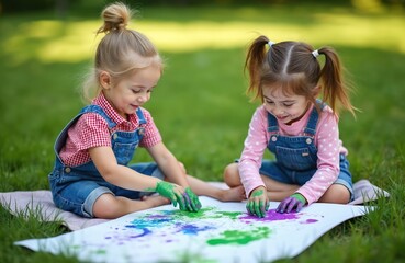 Fototapeta premium Two happy little girls sisters paint with finger paints together on paper at summer lawn. Cute kids drawing, mix colors, create picture. Smiling children enjoying art activity and fun time.