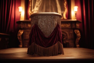 Luxury and Elegance Podium Velvet-draped empty podium in a royal chamber candlelit ambiance antique furniture behind empty space for a regal product