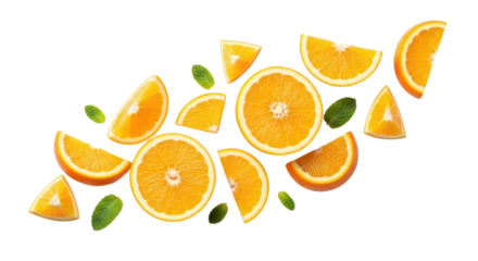 Floating Orange Slices and Mint transparent bg, cutout PNG