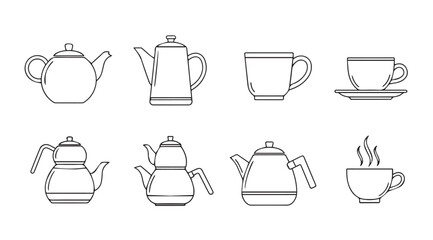Collection of various teapots and coffee cups in a simple line art silhouette style