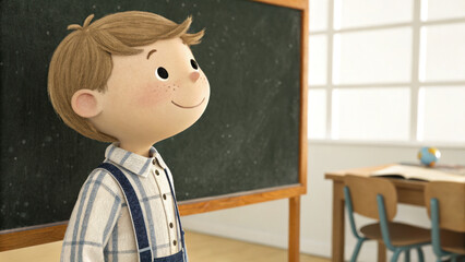 Smiling cheerful child standing near blackboard in bright classroom with wooden desk and chairs, feeling happy and curious
