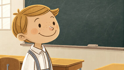 Cheerful smiling child with freckles in classroom near blackboard with wooden desks and window light