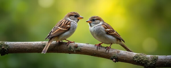 Two detailed sparrows sit on long branch. One bird talks to another on blurry green and yellow background. Social media web banner backdrop design about nature, birds or wildlife.