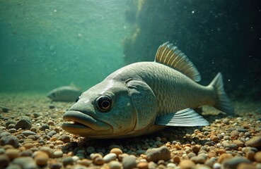 Naklejka premium Close-up of large Nile perch underwater. Freshwater fish swims near river bottom covered by stones. Silver scales glint in sunlight. Tropical predator in its natural habitat in lake.